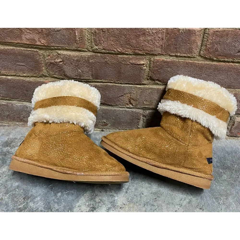 Kenzie Girl Tan w/Glitter Faux Fur Faux Suede Slip-On Bootie Size 1